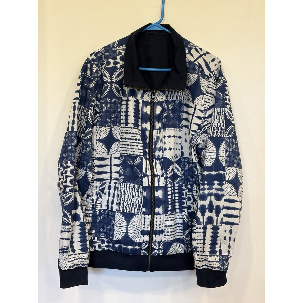 Men Reversible Bomber Jacket Navy Indigo Patchwork Print Zip Up Harrington Sz L